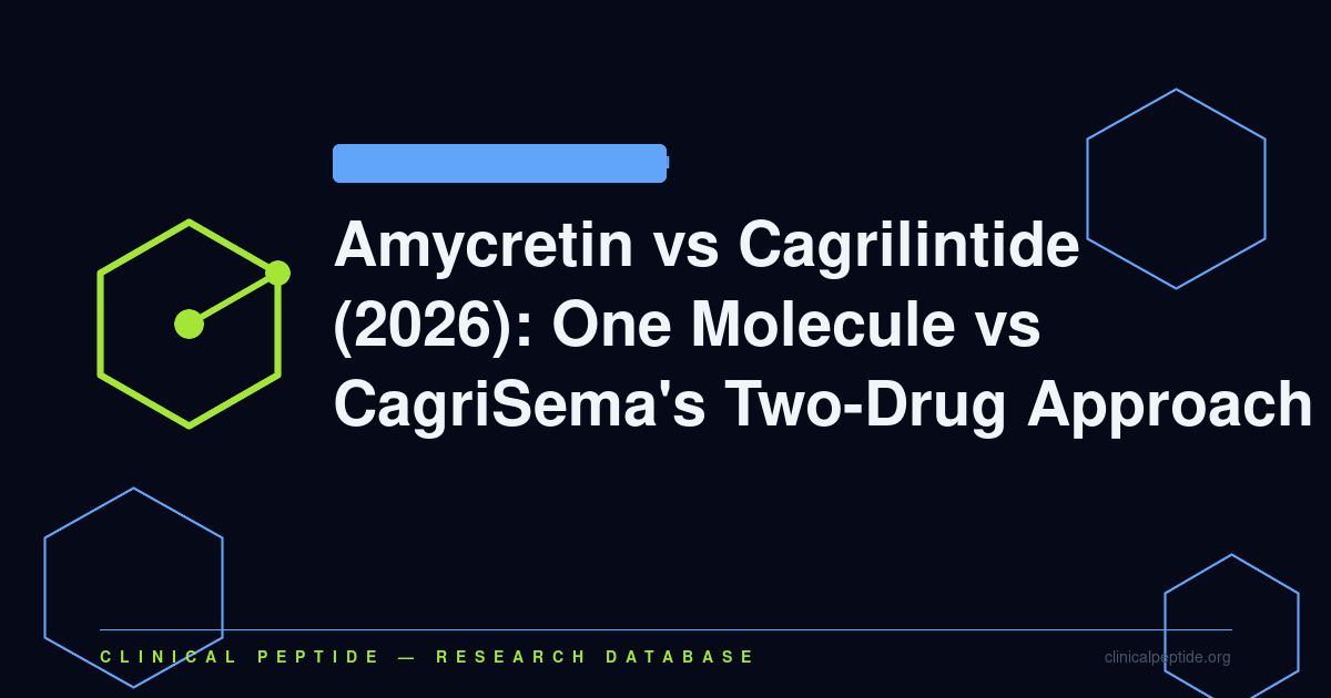 Abstract molecular motif contrasting single-molecule amycretin with the two-component cagrilintide amylin research approach.
