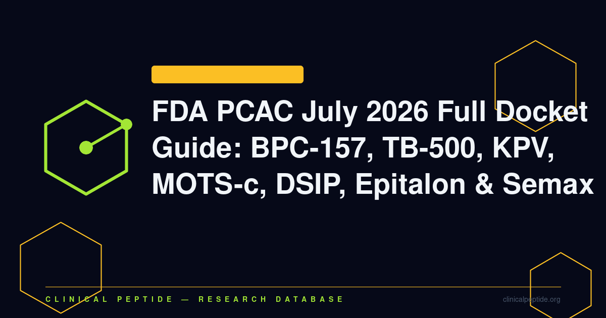 Abstract molecular motif representing the FDA PCAC July 2026 review of seven peptides for 503A designation.