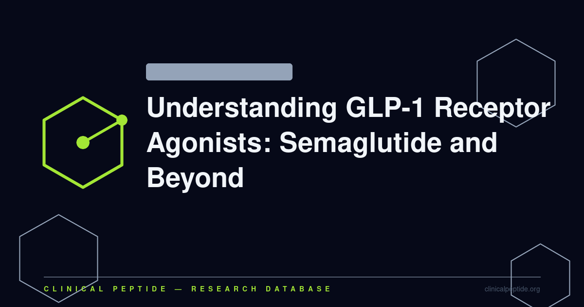 Hexagonal molecule diagram representing GLP-1 receptor agonist research, including semaglutide and related compounds.