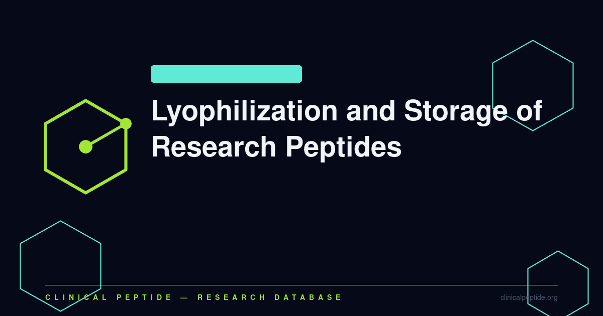 Abstract hexagonal diagram representing lyophilization freeze-drying and cold-chain storage of research peptides.