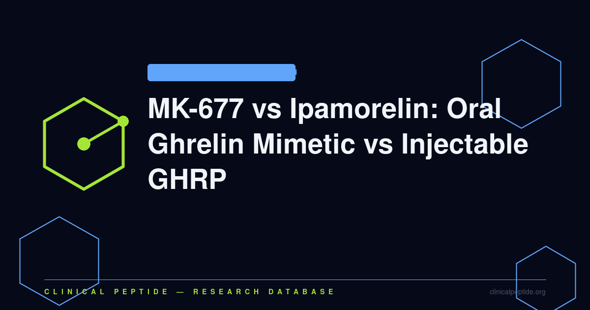 Abstract molecular motif representing the comparison between MK-677 oral ghrelin mimetic and ipamorelin injectable GHRP in growth hormone secretagogue research.