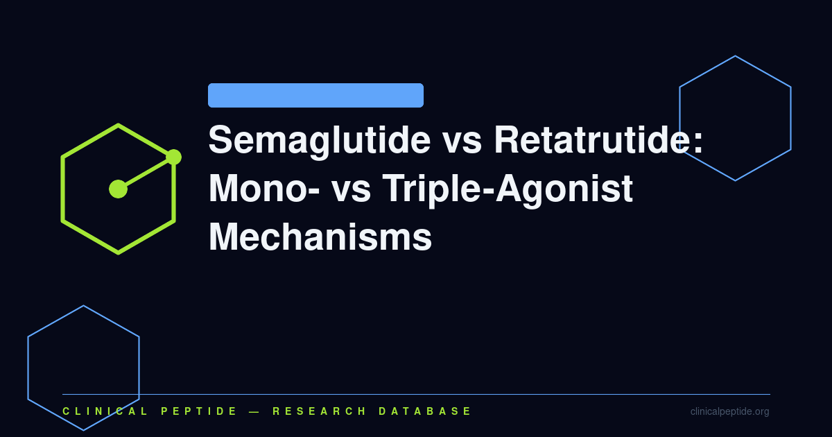 Abstract hexagonal molecule motif representing the mechanistic comparison between semaglutide GLP-1R monoagonist and retatrutide triple-agonist incretin peptide research.