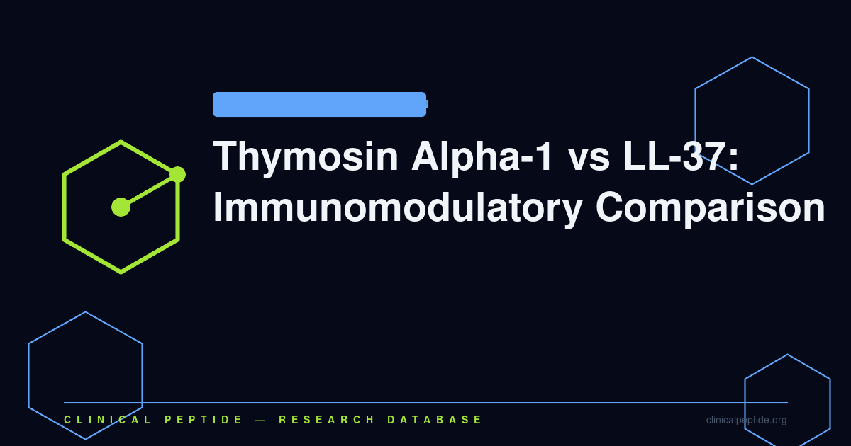 Hexagonal scientific motif representing Thymosin Alpha-1 and LL-37 immunomodulatory peptide comparison.